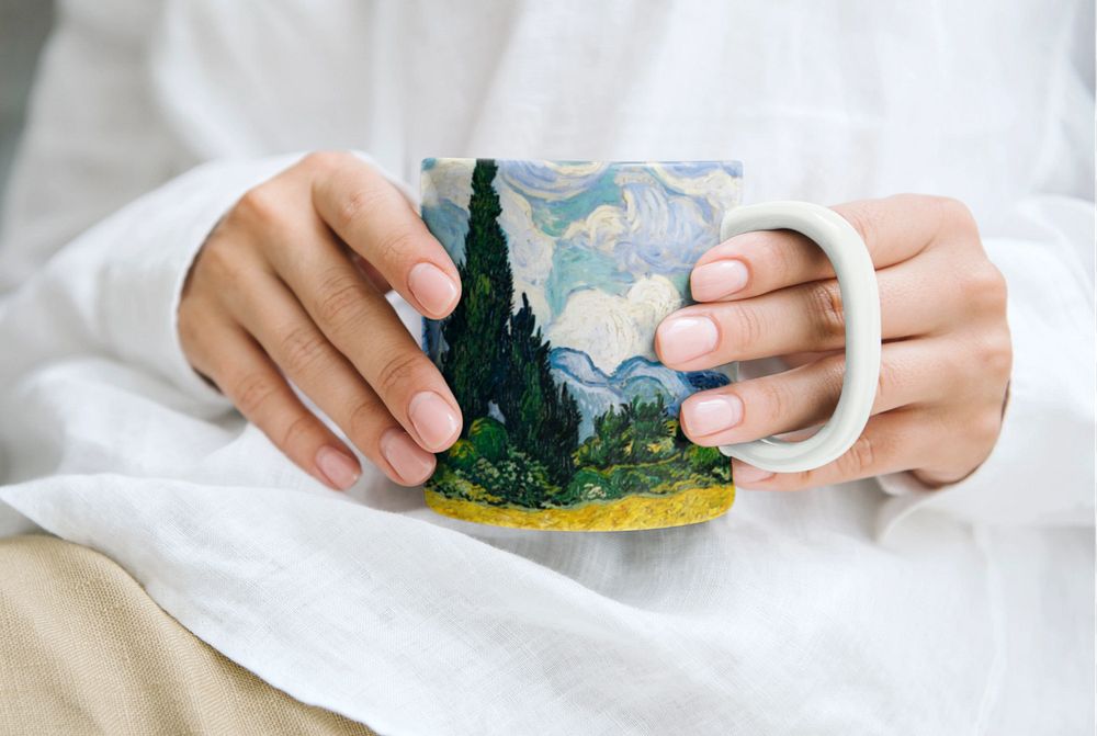 Editable mug mockup, Vincent Van Gogh's Wheat Field with Cypresses print, remixed by rawpixel