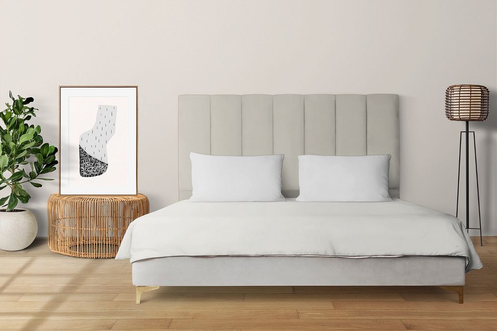 Picture frame mockup, editable bedroom wall