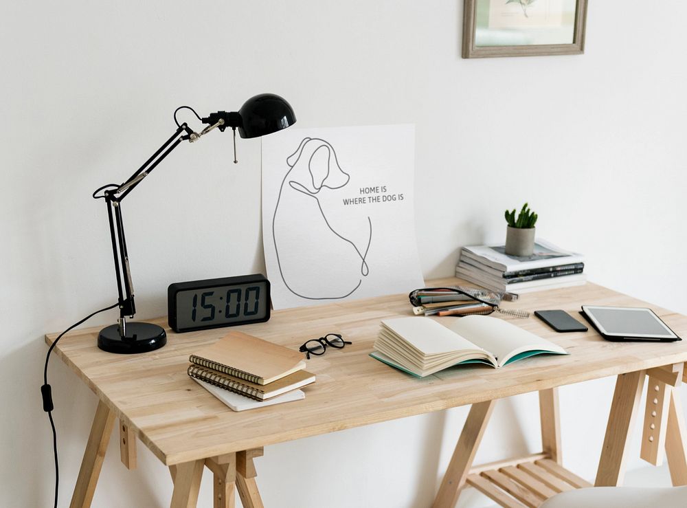 Poster mockup, office table decor, editable design