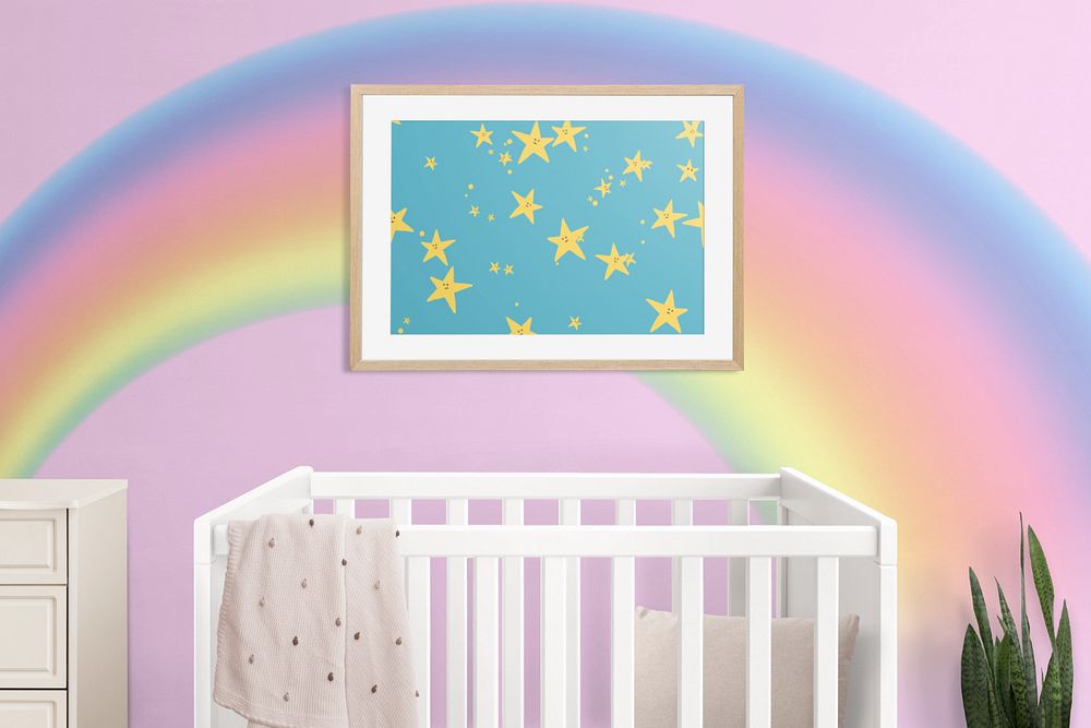 Photo frame mockup, editable kids room wall