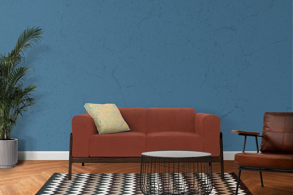 Living room wall mockup, customizable retro interior