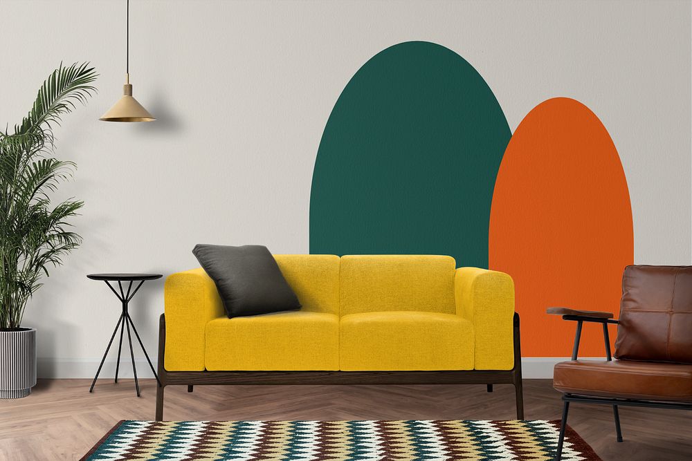 Living room wall mockup, customizable retro interior