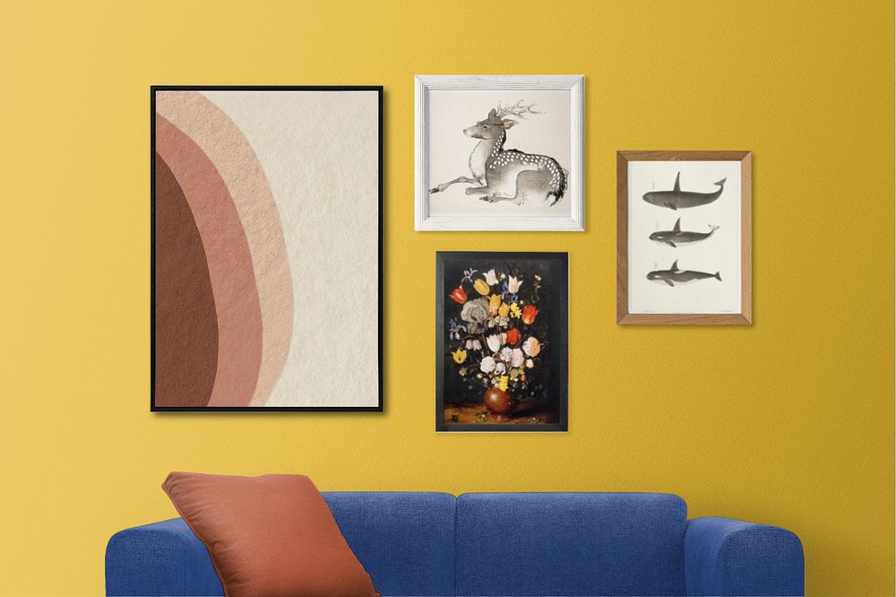 Photo frame mockup, editable retro living room wall