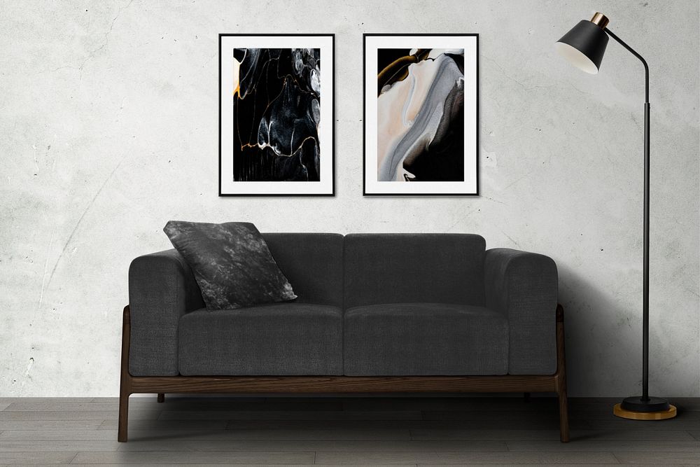 Photo frame mockup, editable loft living room wall