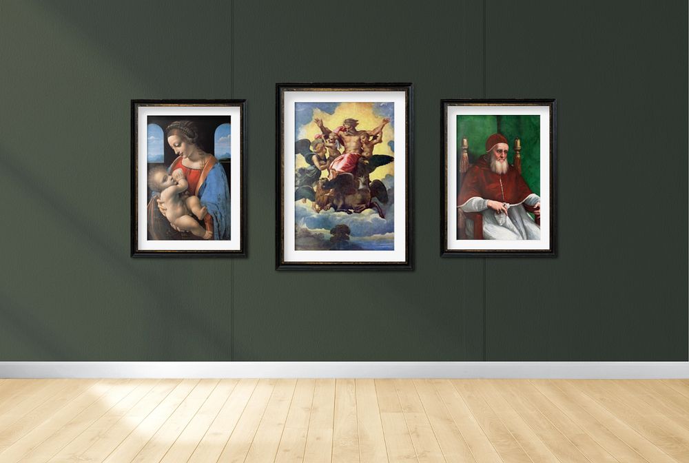 Photo frames mockup, editable renaissance paintings on the wall