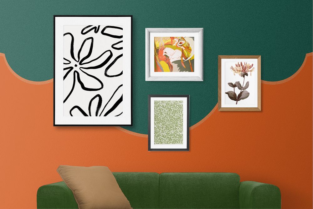 Photo frame mockup, editable retro living room wall