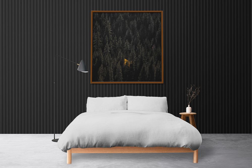 Picture frame mockup, editable bedroom wall