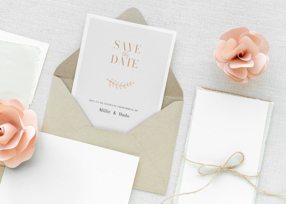 Wedding invitation flat lay mockup, editable card design