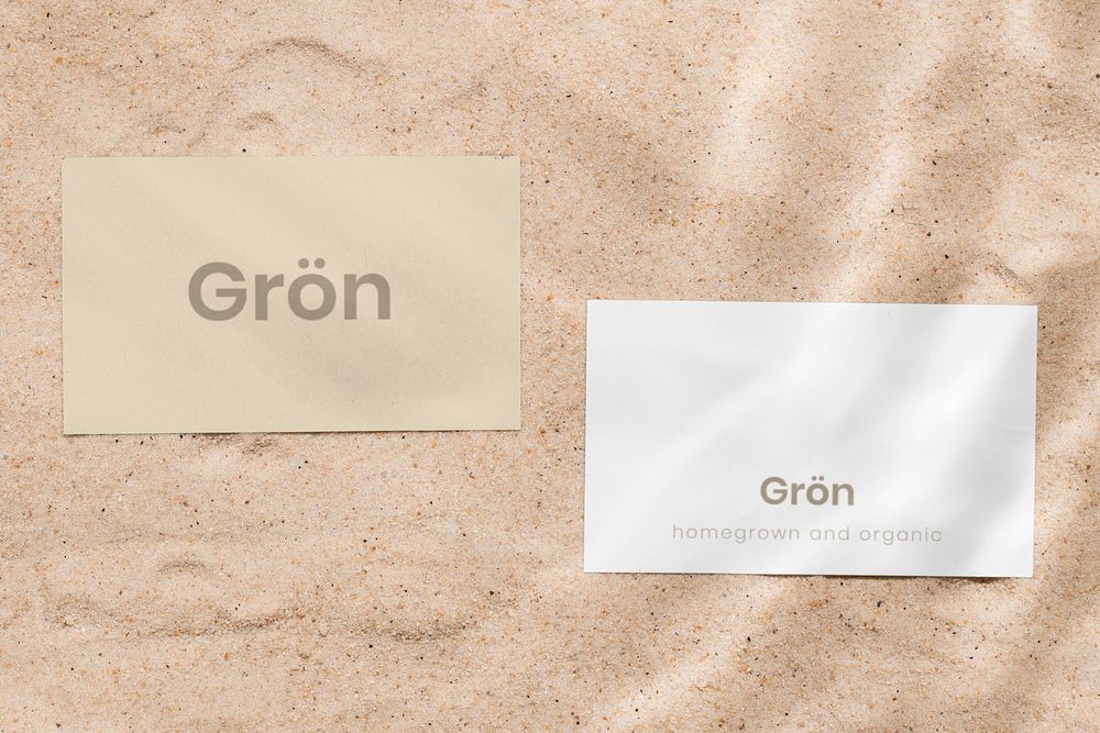 Business card mockup sand surface, editable flat lay design