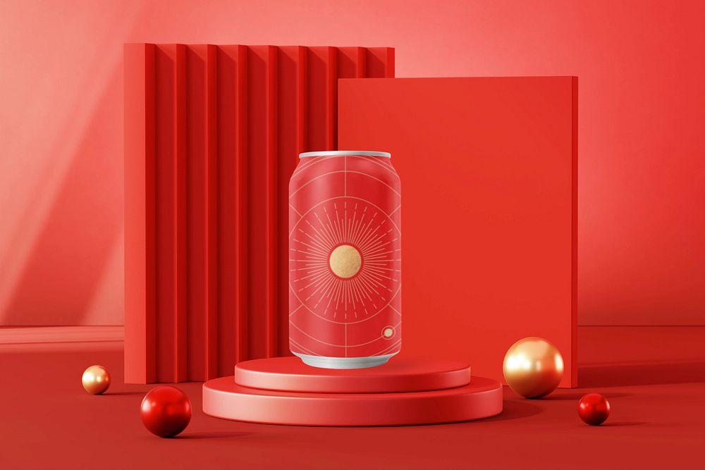 Soda can mockup, Chinese New Year product, editable design