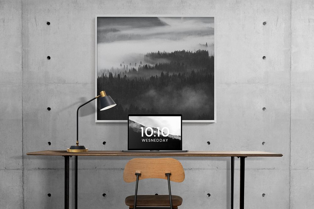 Picture frame mockup, editable Industrial home office interior design