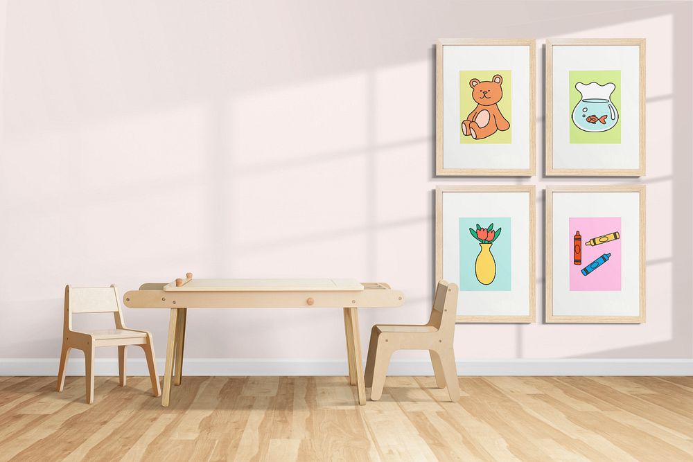 Scandinavian kids wall mockup, editable gallery wall design