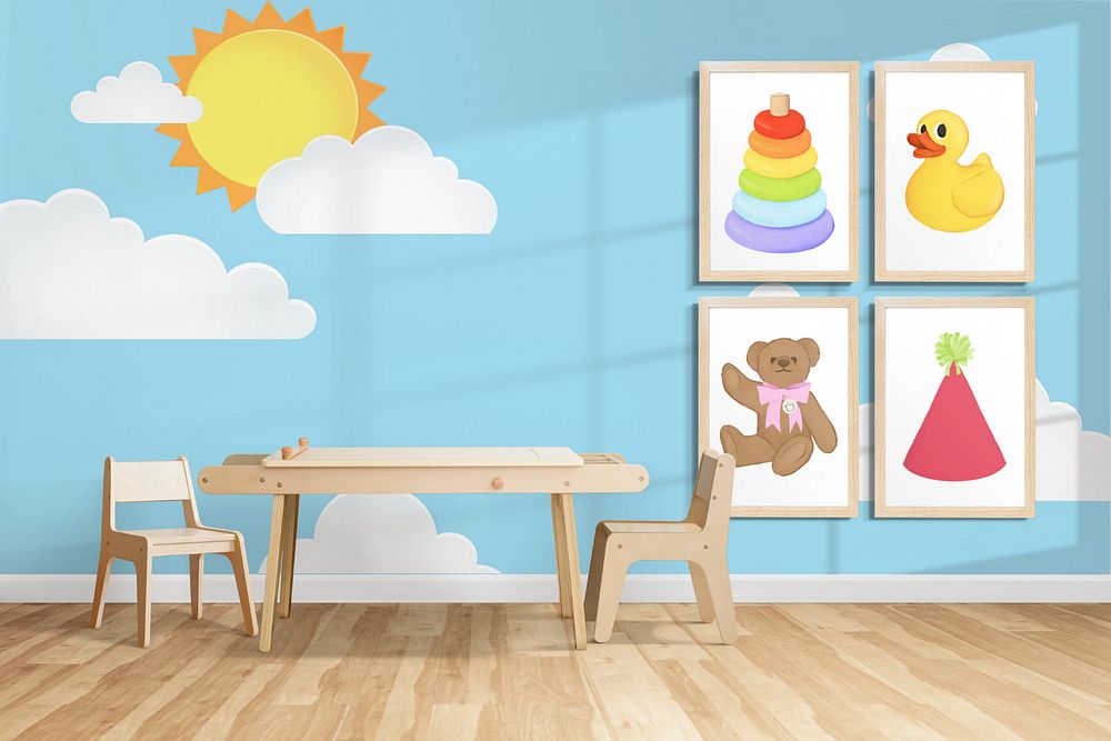 Gallery wall mockup, editable Scandinavian kids room wall design