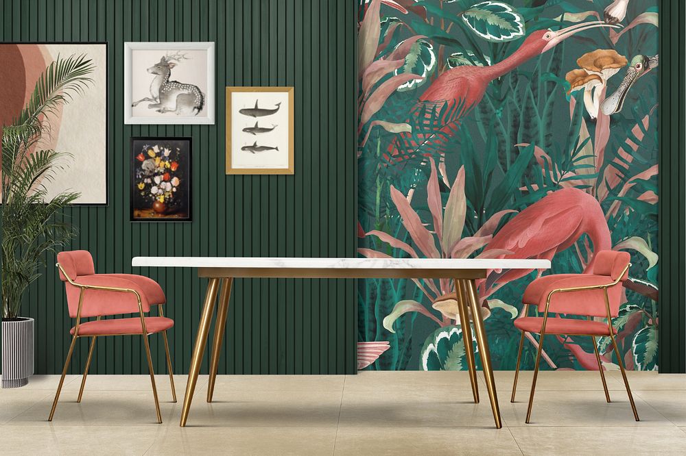 Tropical patterned wall mockup, editable dining room interior design