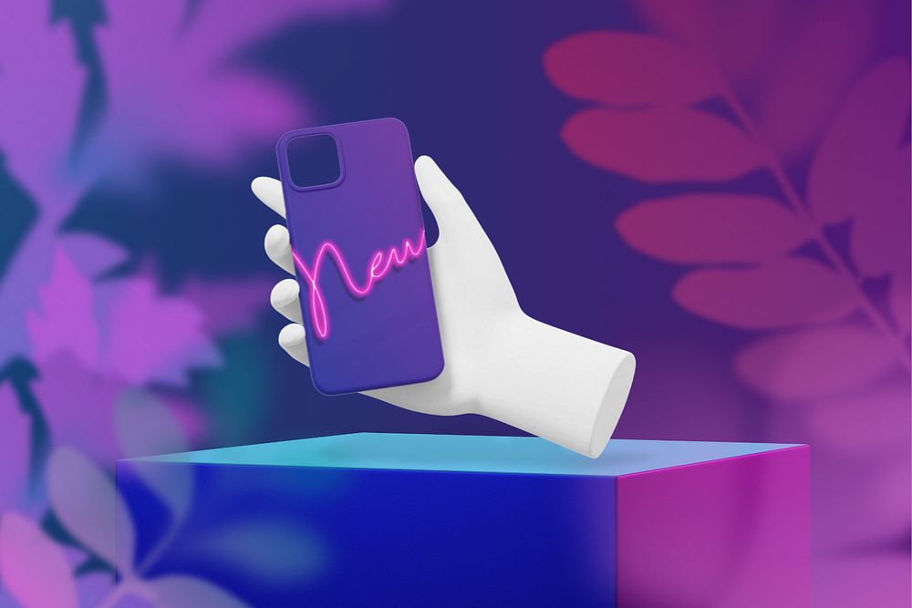 Phone case mockup, neon aesthetic, editable design