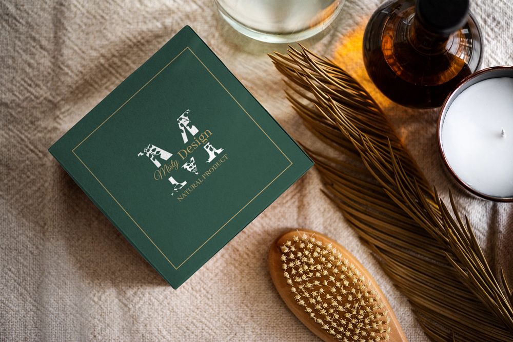 Scented candle box mockup, organic product packaging, customizable design