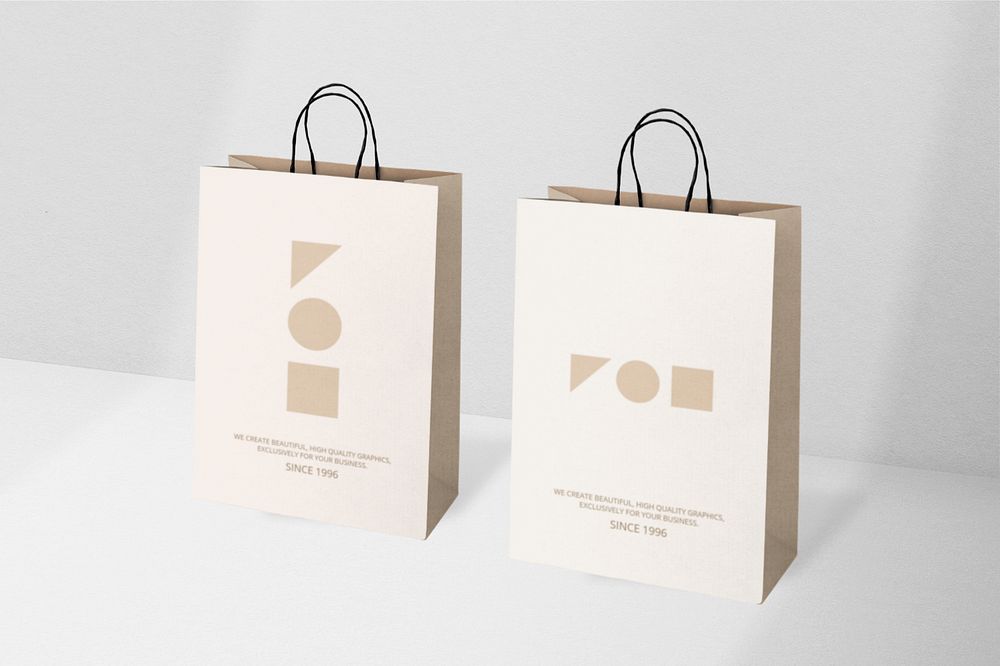 Paper shopping bag mockup, minimal geometric shapes, customizable design