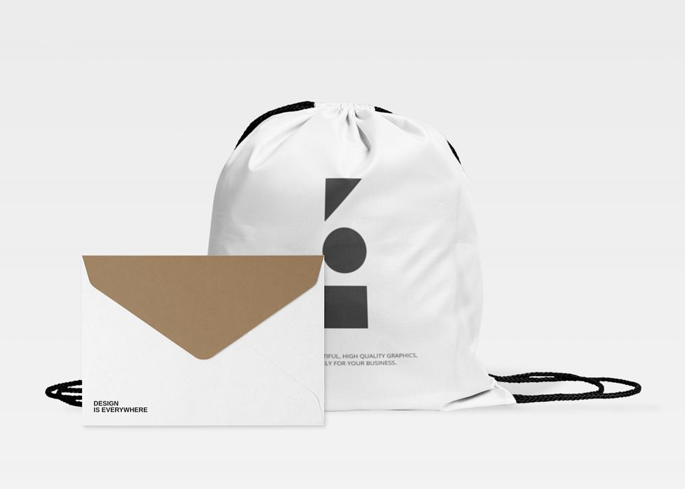 White drawstring bag mockup with envelope, customizable design