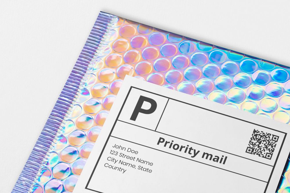 Holographic bubble mailer bag mockup, editable shipping product packaging design