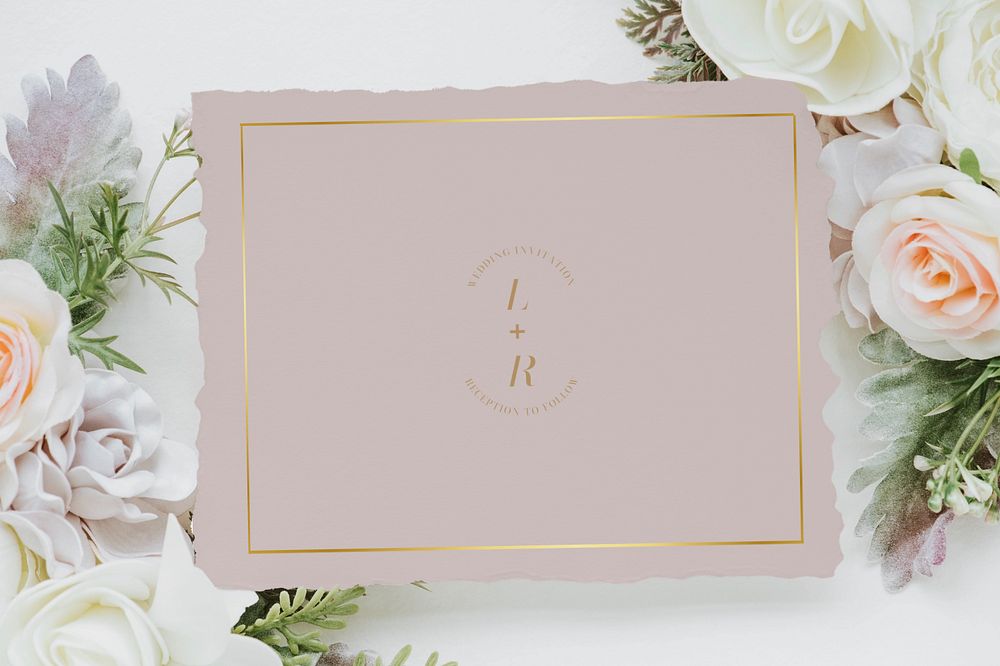 Editable wedding invitation card mockup, flat lay design