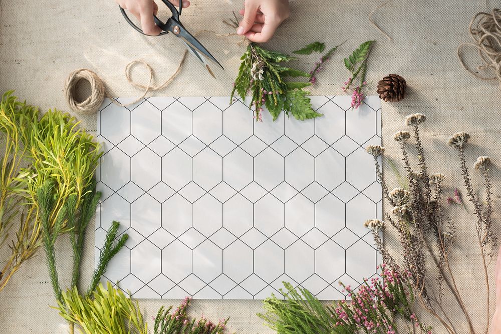 Editable poster flat lay mockup, hexagon pattern design