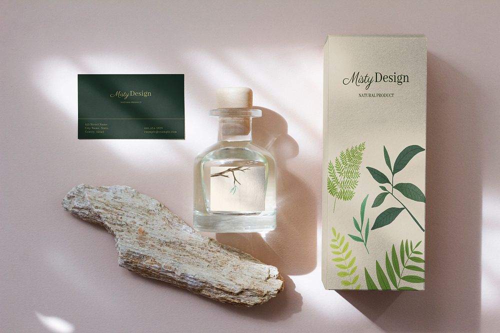 Perfume bottle label mockup, business card branding set, editable design