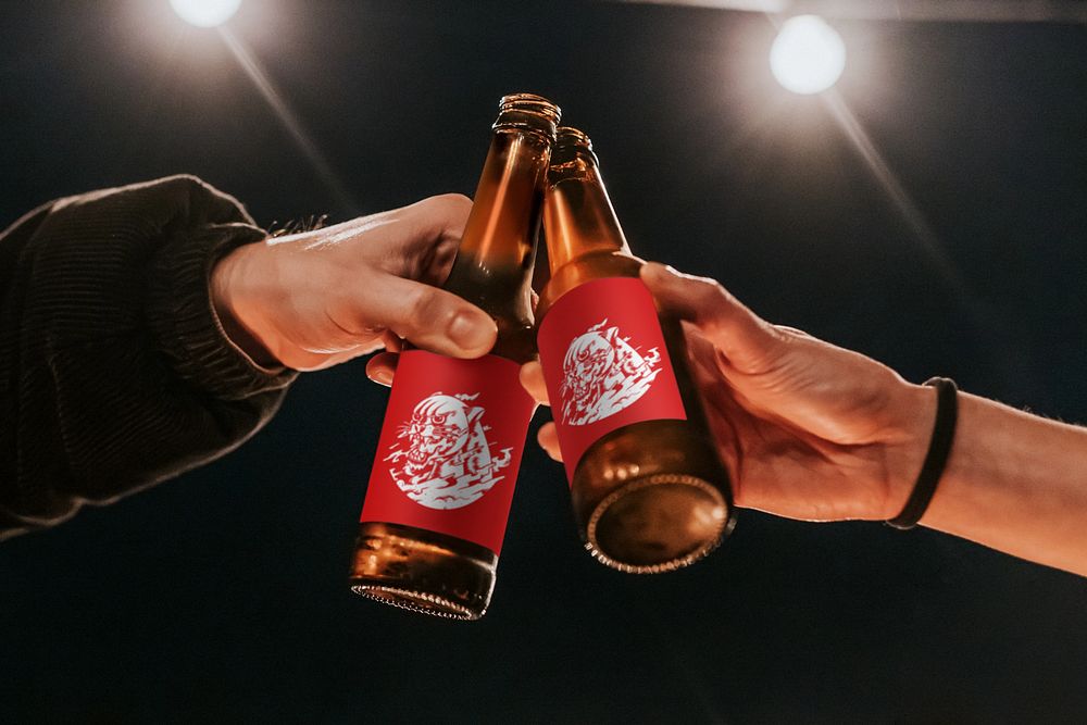 Toasting with beer bottles mockup, editable design