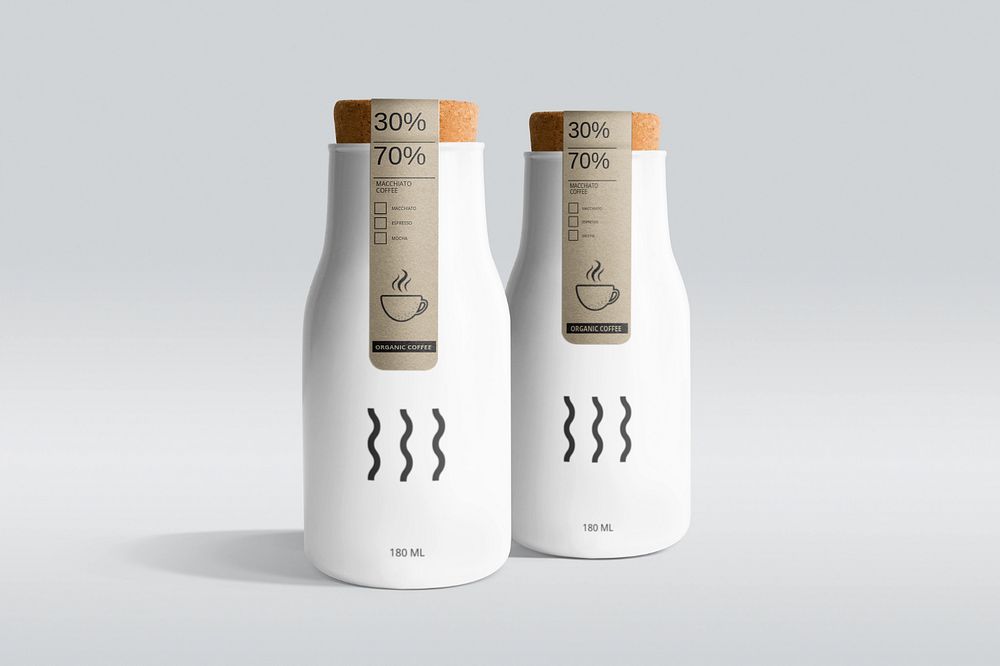 Coffee bottle label mockups, editable beverage product packaging design