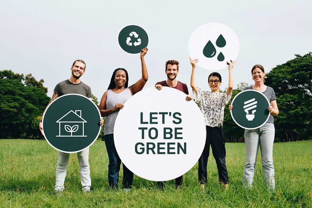 Volunteers holding environment signs  editable mockup