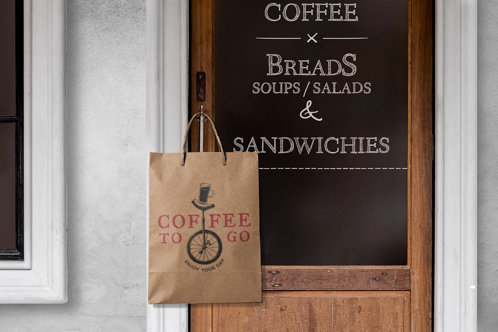 Shopping bag mockup on door, editable design