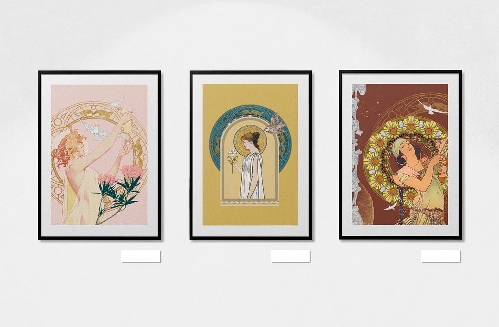Art exhibition frame editable mockup, Alphonse Mucha's famous artworks. Remixed by rawpixel.