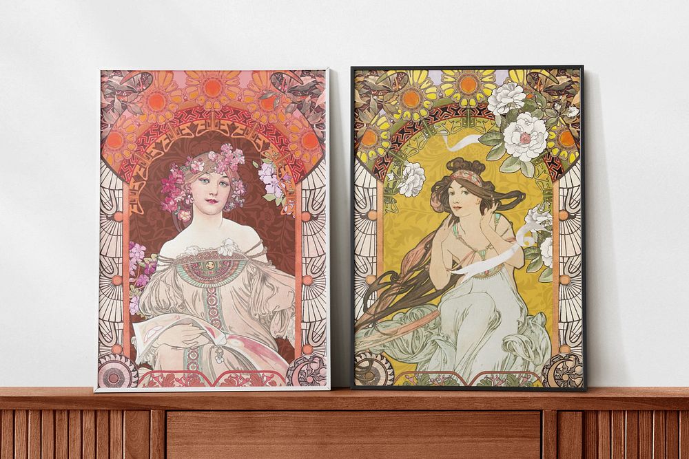 Photo frame editable mockup, Alphonse Mucha's famous artworks. Remixed by rawpixel.