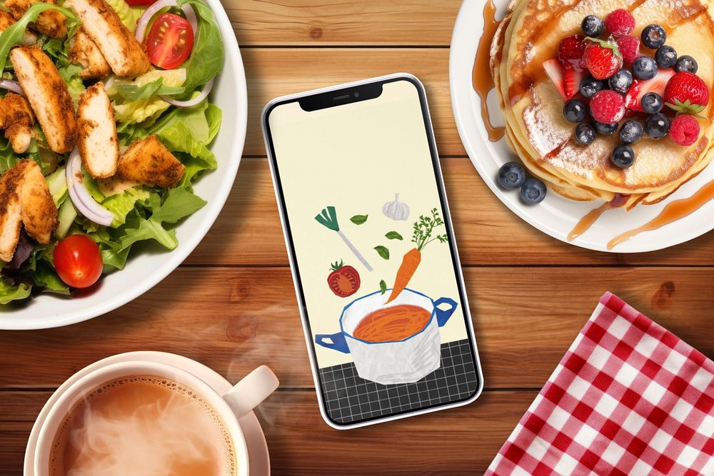 Phone & food recipe flatlay mockup, editable design