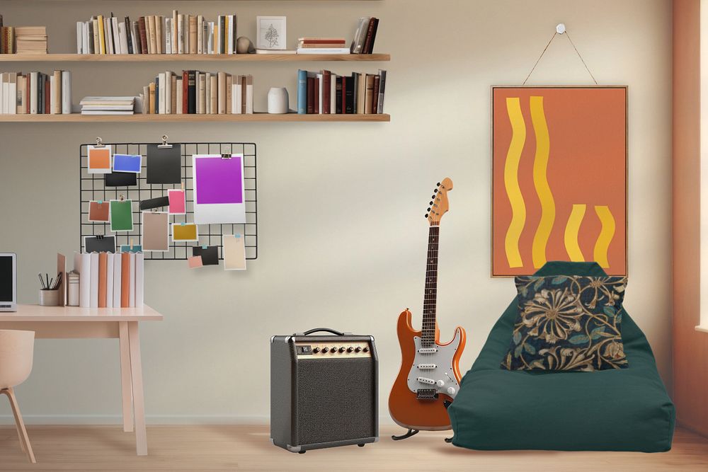 Aesthetic activity room editable mockup, guitar with bean bag