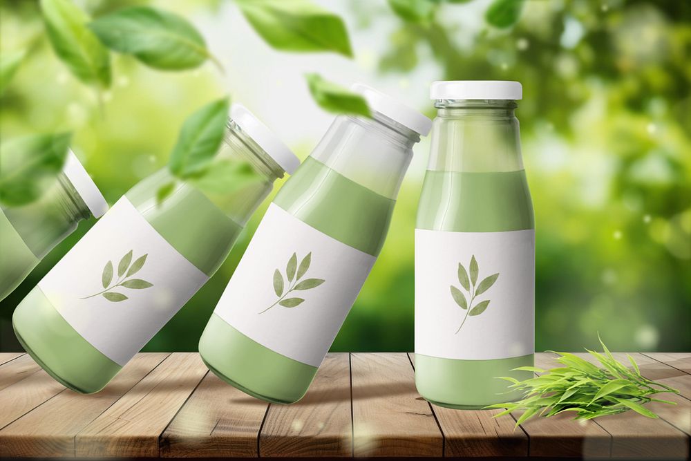 Green tea milk bottle editable mockup, drink packaging