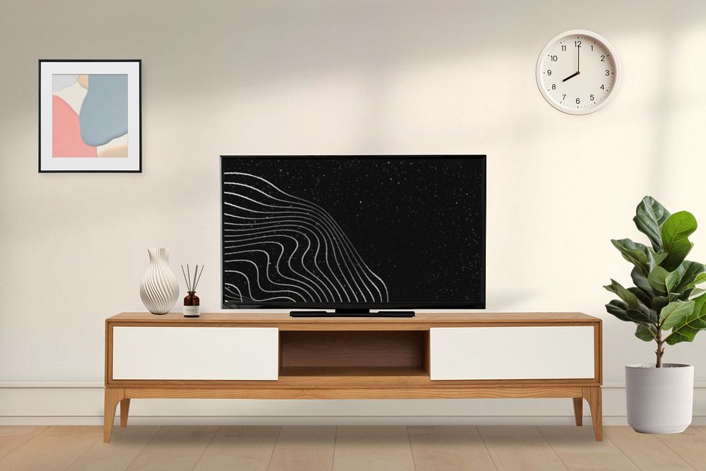 Aesthetic minimal TV unit editable mockup, living room interior