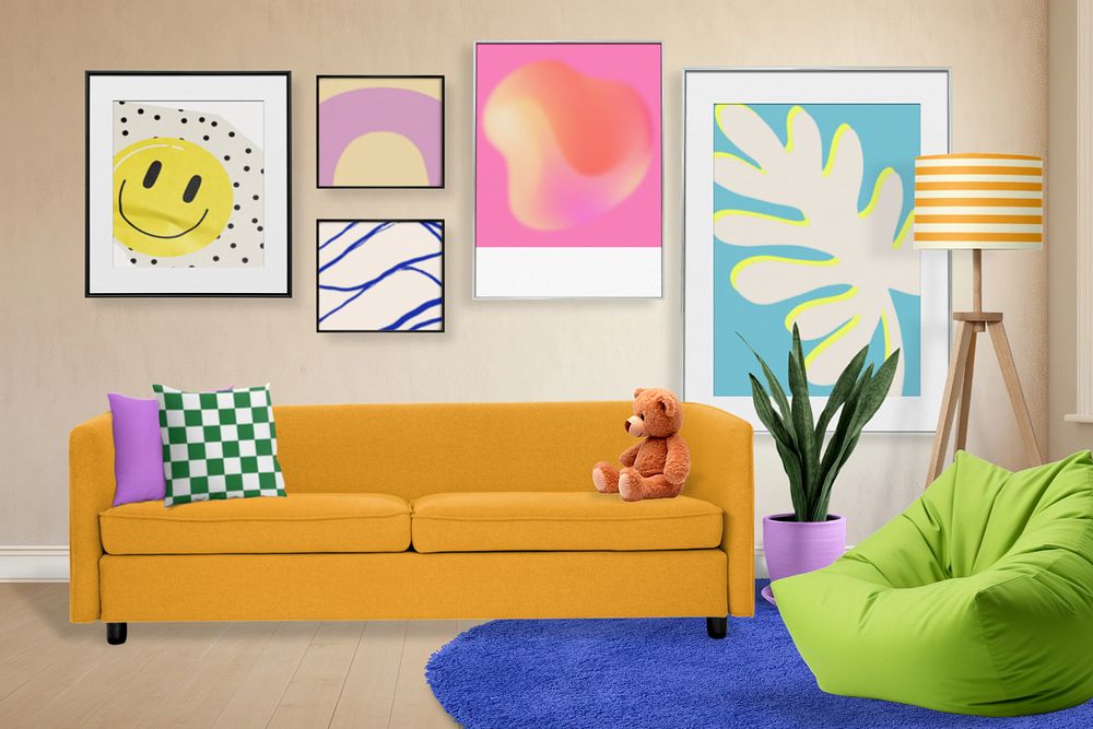 Colorful living room sofa editable mockup, with bean bag, home interior