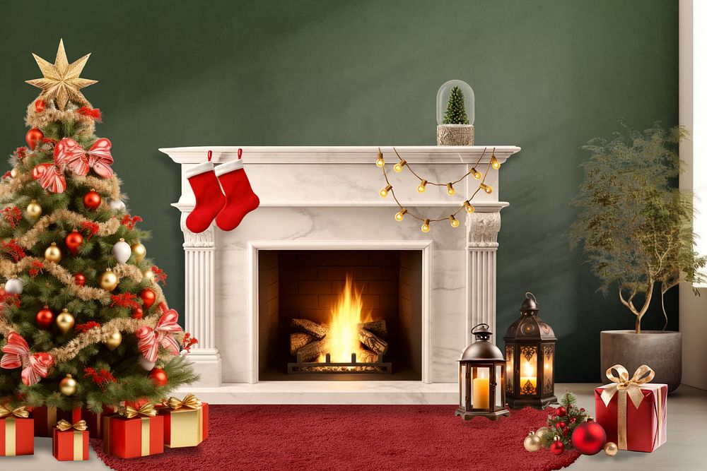 Christmas decorated fireplace editable mockup, living room interior