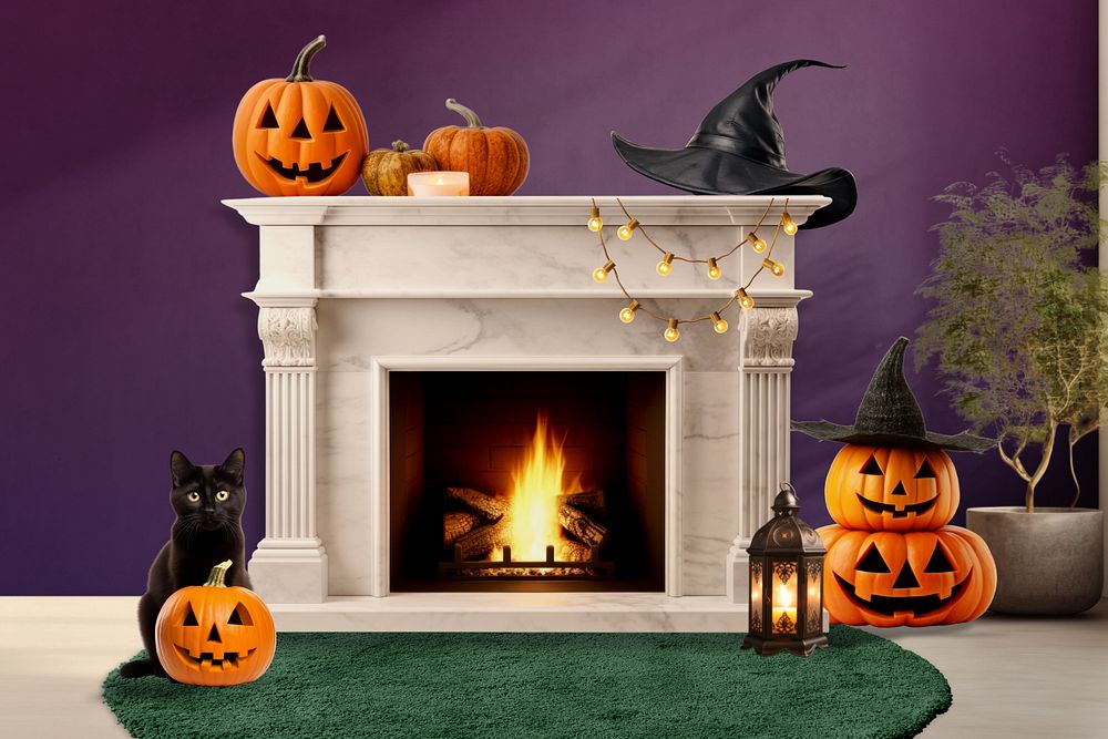 Halloween decorated fireplace editable mockup, living room interior