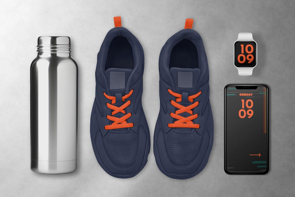 Blue sneakers and portable water bottle editable mockup