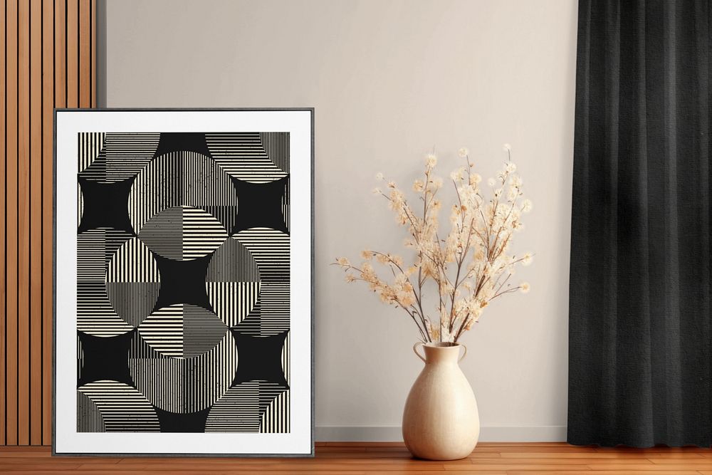 Framed abstract photo and flower vase editable mockup, home decor