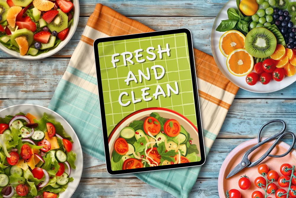 Tablet screen editable mockup, healthy food table