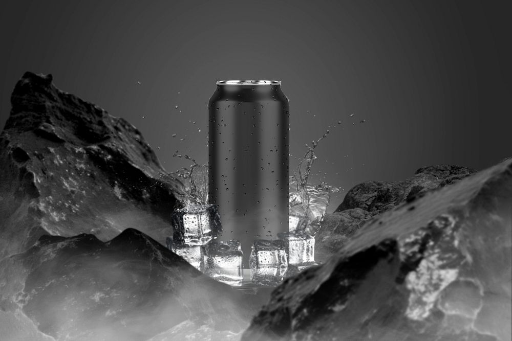 Black soda can editable mockup, drink packaging