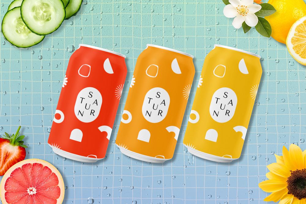 Colorful soda cans editable mockup, drink packaging