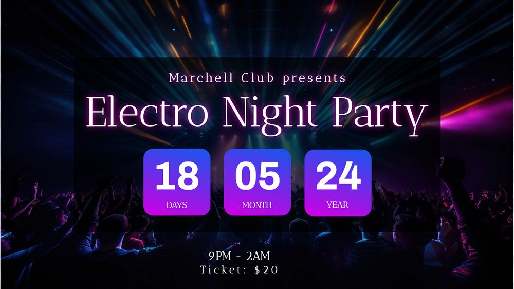 Electro night party blog banner template, editable text