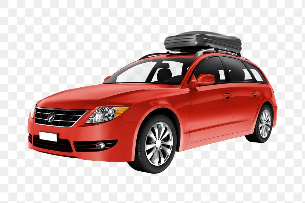 3D car png mockup element, editable red hatchback with rooftop cargo box