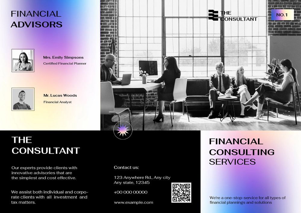 Financial advisor brochure template, business consulting service, purple gradient design