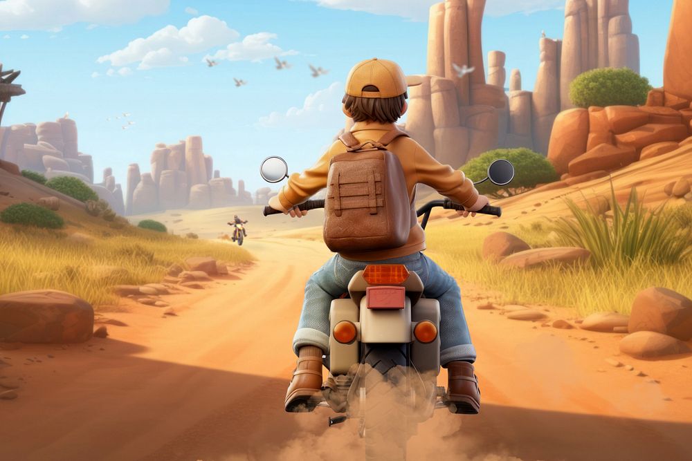 3D man riding motorbike, outdoor travel  editable remix