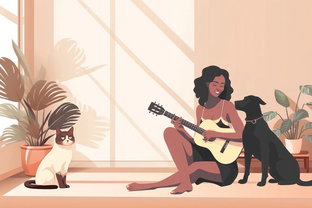 Woman playing guitar with pets, editable aesthetic  illustration remix