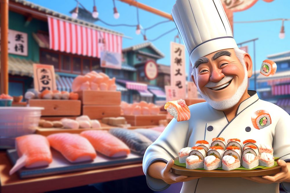 3D happy sushi chef  editable remix